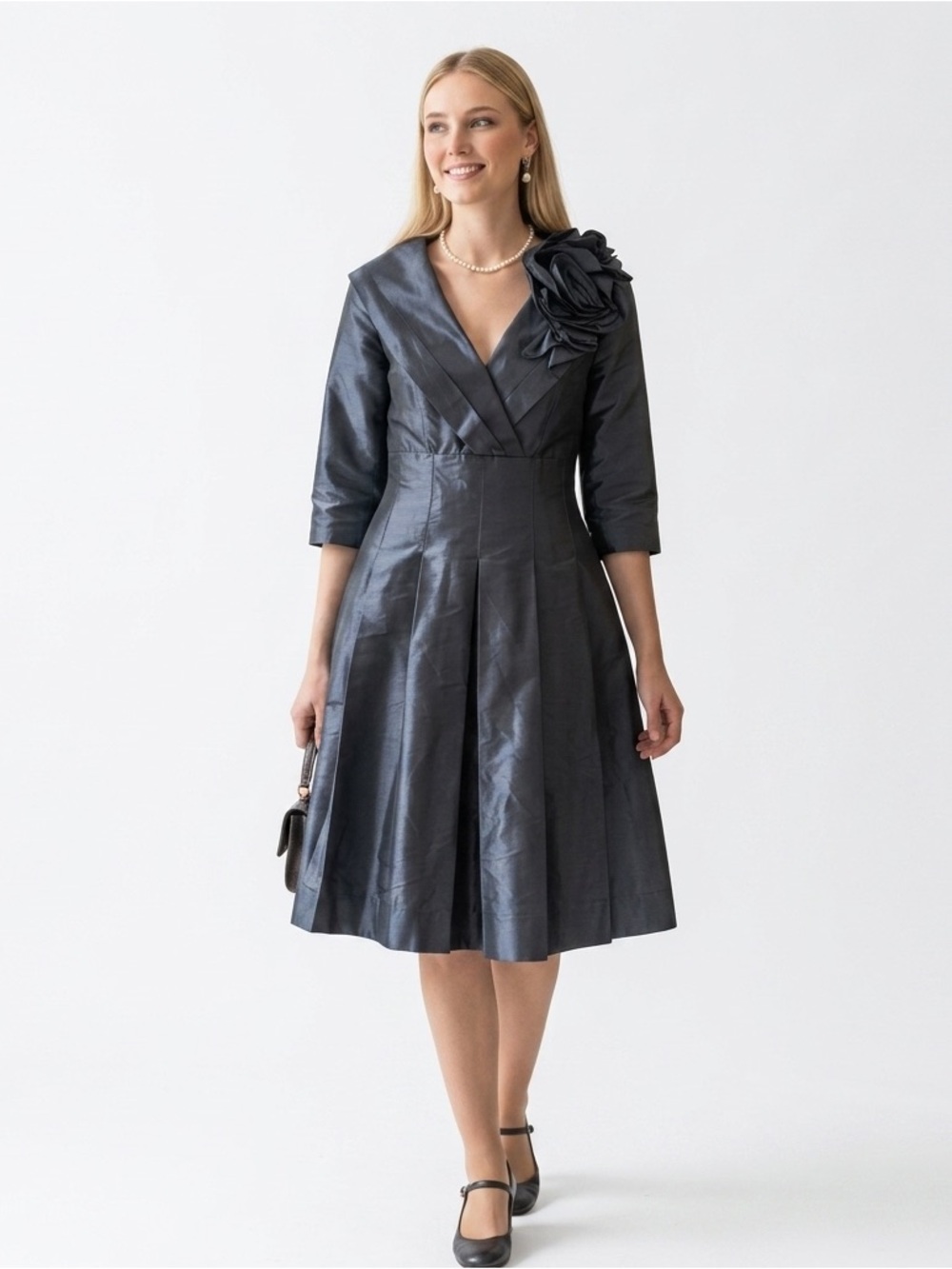 Teri Jon Dress Womens 8 Black Satin Fit Flare 3/4 Sleeve Floral Applique Formal‎